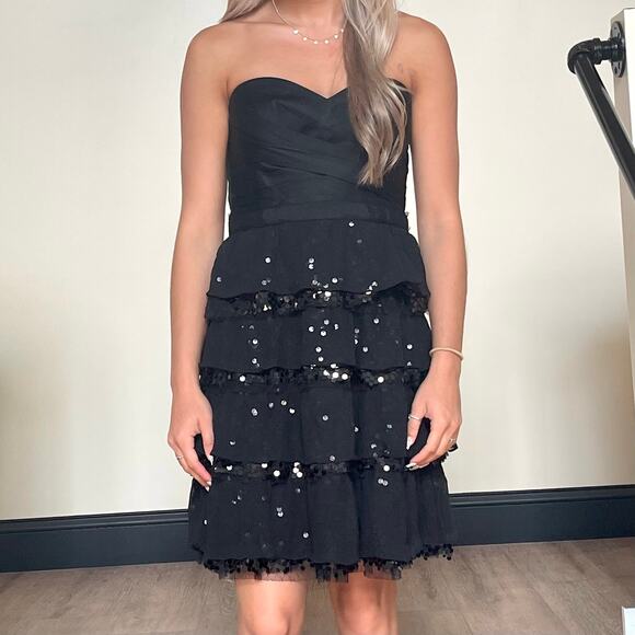 00s BCBGMAXAZRIA Vintage Black Sequin Strapless Tiered Layer Dress - Picture 3 of 9